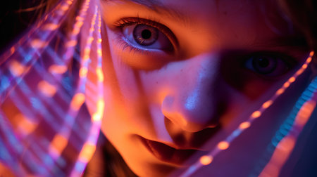 Close up portrait of a beautiful girl with blue eyes and red neon lights.の素材