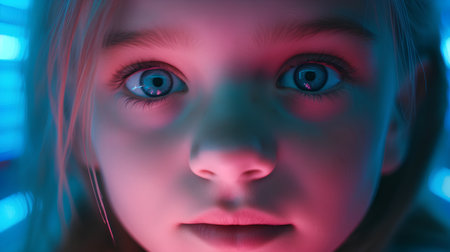 Portrait of a little girl in neon light. 3d renderingの素材