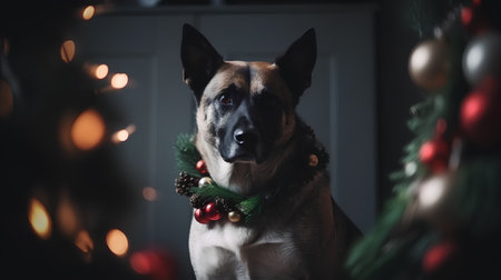 Portrait of a dog with christmas decoration on a dark backgroundの素材