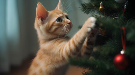 Cute ginger kitten decorating Christmas tree on blurred background, selective focusの素材