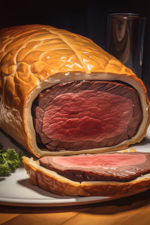 sliced roast beef on a white plate with parsley on a wooden tableの素材