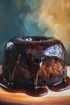 Chocolate bundt cake with chocolate glaze on a wooden plateの素材