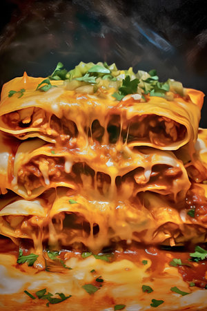 Close-up of lasagna with tomato sauce. Toned.の素材