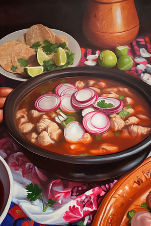 Traditional mexican soup with meat and vegetables in a pot.の素材