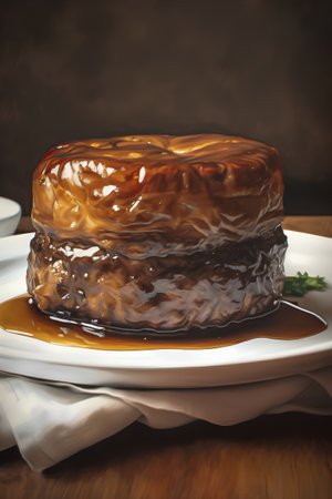 Chocolate cake with caramel sauce on a white plate on a dark backgroundの素材