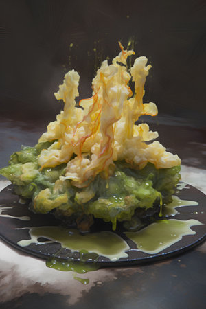 Fried Shrimp Tempura with sweet and sour sauce on black backgroundの素材