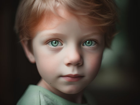 Portrait of a cute little boy with green eyes looking at cameraの素材