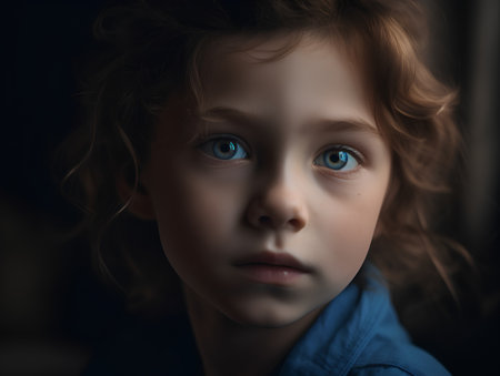 Portrait of a little girl with blue eyes in a dark roomの素材
