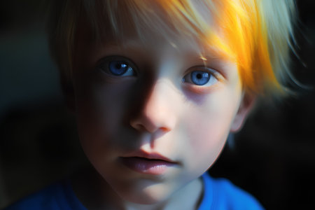 Portrait of a boy with blue eyes and light in the backgroundの素材