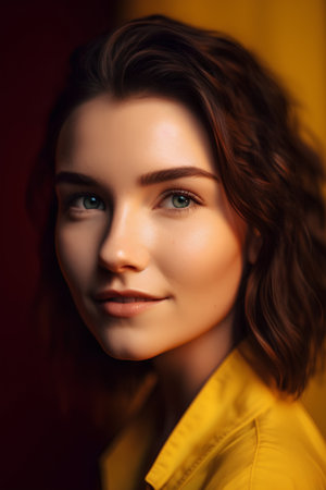 Portrait of a beautiful young woman in a yellow shirt. Beauty, fashion.の素材