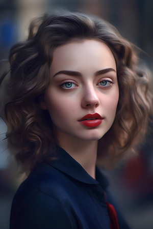 Portrait of a beautiful young woman with curly hairstyle and makeupの素材