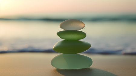 Zen stones on the beach at sunset. 3D illustration. Selective focus.の素材