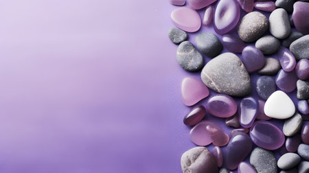Colorful pebbles on purple background. Top view with copy spaceの素材