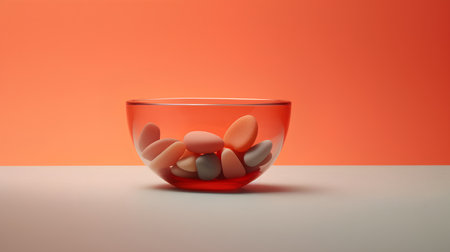 Glass bowl with pebbles on the table. 3d renderingの素材