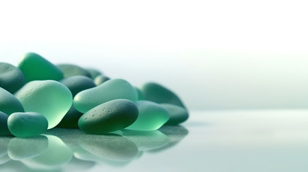 Green pebbles on a reflective surface with a copy space.の素材