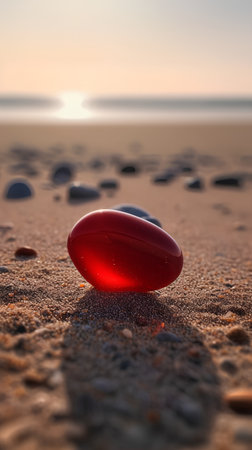 Red stone on the beach at sunset, 3d render illustration.の素材