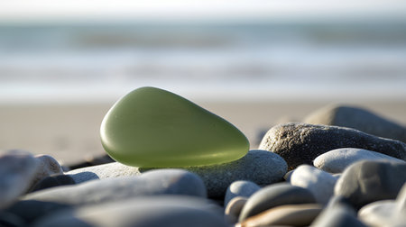 Green stone on the beach at sunset. Shallow depth of field.の素材
