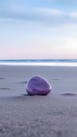 Purple stone on the sand by the sea at sunset. Zen conceptの素材