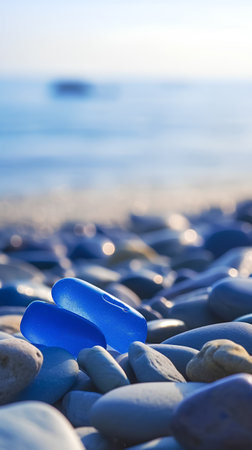 Blue pebbles on the seashore in the morning lightの素材
