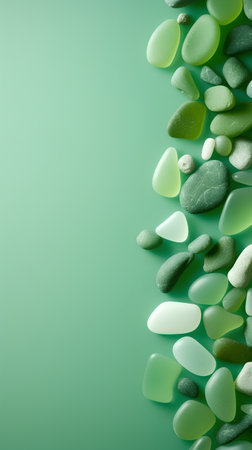 Green sea stones on green background with copy space. Flat lay.の素材