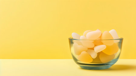 Candy in a glass bowl on a yellow background. Copy space.の素材