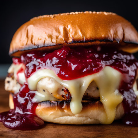 Tasty cheeseburger with berry sauce on a dark backgroundの素材