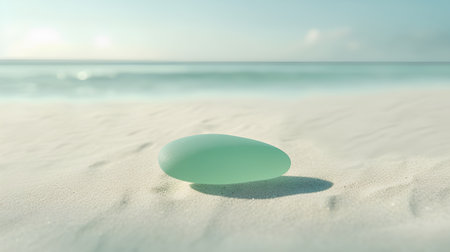 Green stone on the beach with sea in the background. Soft focus.の素材
