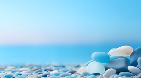Blue and white pebbles on the beach with copy space.の素材