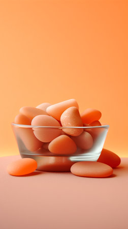 Orange candies in glass bowl on orange background. Minimal concept.の素材