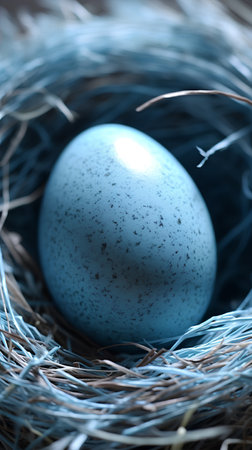 Blue easter egg in the nest. Shallow depth of field.の素材