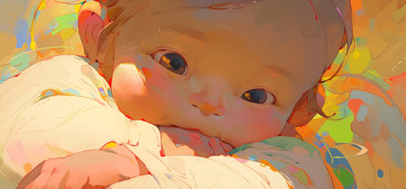 cute baby face close-up on abstract colorful background for your designの素材