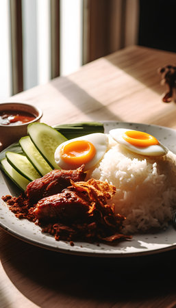 Rice with chicken and fried egg in a plate on wooden tableの素材