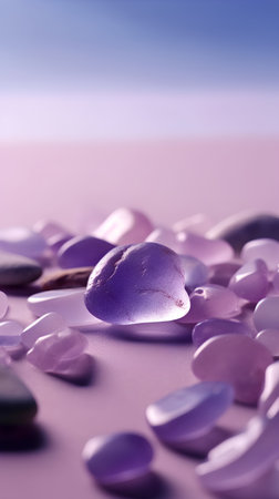 close up of purple pebbles on pink background with copy spaceの素材