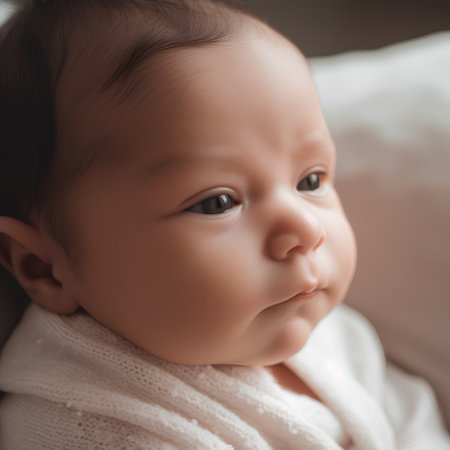 Cute little baby on the bed. Close-up portrait.の素材
