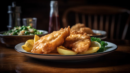 Fried fish and chips in a plate on a wooden table.の素材
