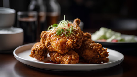 Fried chicken with sauce on white plate. Selective focus.の素材
