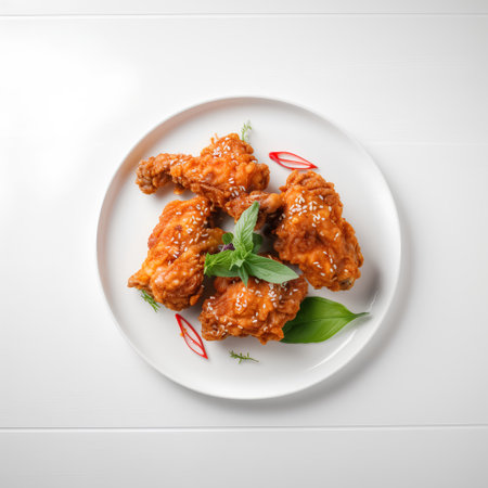 Fried chicken wings in sweet and sour sauce isolated on white backgroundの素材