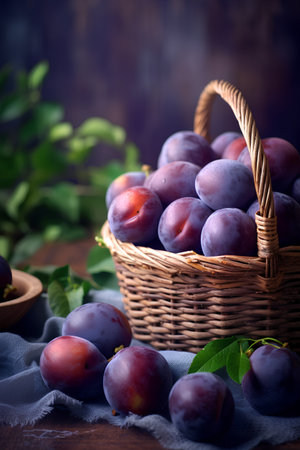 Ripe plums in a basket on a wooden table. Selective focus.の素材