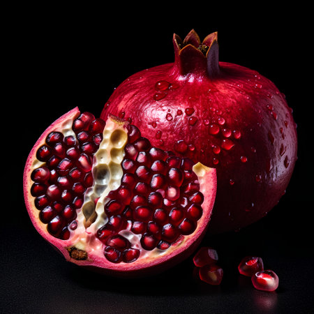 Ripe pomegranate fruit on a black background with water dropsの素材