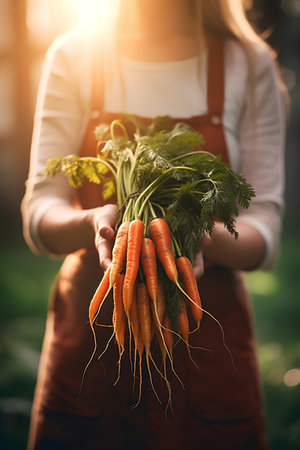 Close-up of young woman holding bunch of fresh organic carrots.の素材