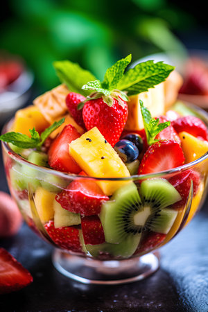 Fruit salad in a glass bowl on a dark background, selective focus.の素材