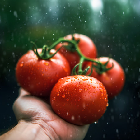 Tomatoes in hand with drops of rain on a blurred background.の素材
