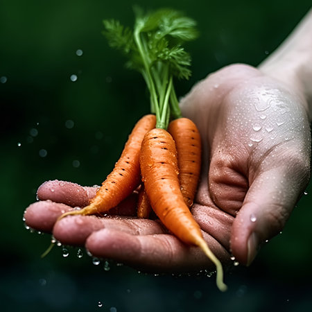 Carrot in the hands of a farmer on a dark background.の素材
