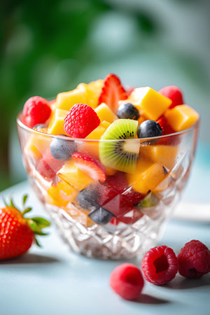 Fruit salad in glass bowl with fresh fruits and berries on tableの素材