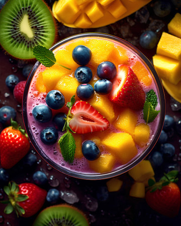 Smoothie with mango, blueberry, strawberry and kiwi in glass bowl.の素材
