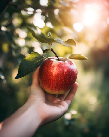 Female hand holding a ripe red apple on a branch in the garden.の素材