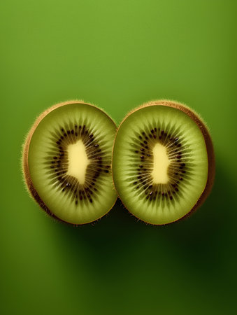 Kiwi fruit on a green background. Flat lay, top view.の素材