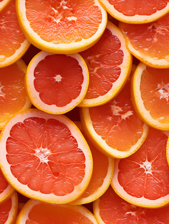 Slices of fresh orange and grapefruit as background, top viewの素材