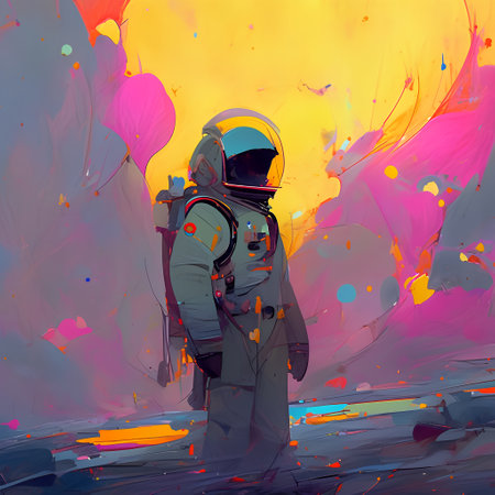 Astronaut in spacesuit on abstract colorful background. Digital paintingの素材