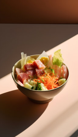 Bowl of japanese sashimi salad with cucumber, radish, carrot and hamの素材